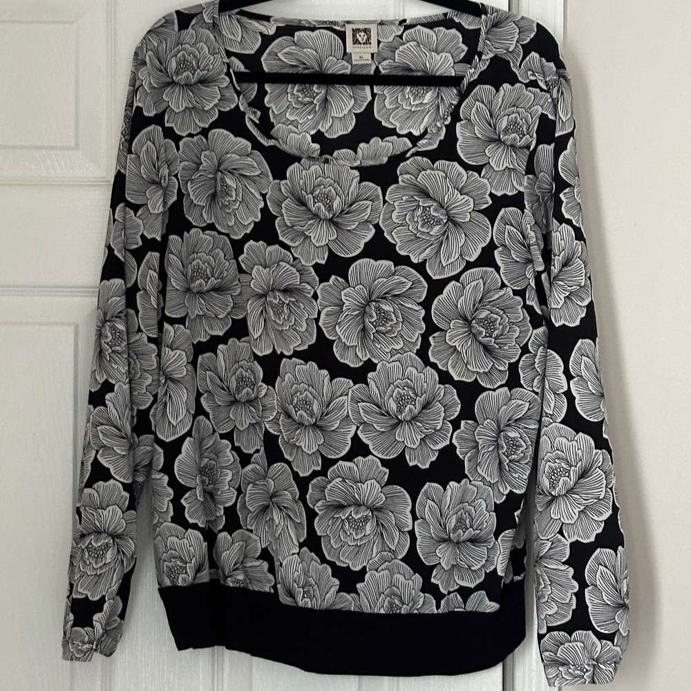 Anne Klein XL Long Sleeve Floral Top Banded Waist Lightweight Blouse